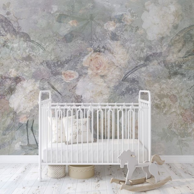 Tapet floral delicat, cu design modern si elegant, in tonuri pastelate. Tapet ideal pentru dormitor, sufragerie sau hol.