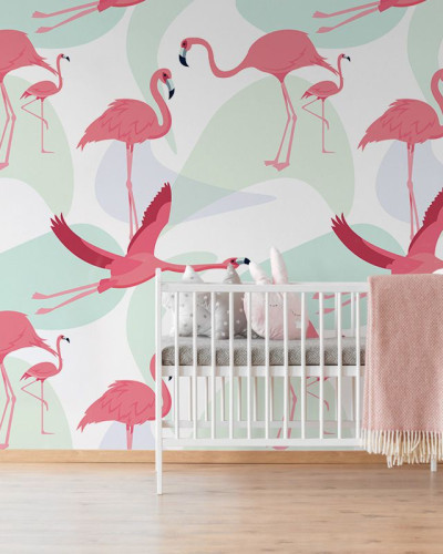 Tapet cu flamingo roz, design modern pentru dormitor