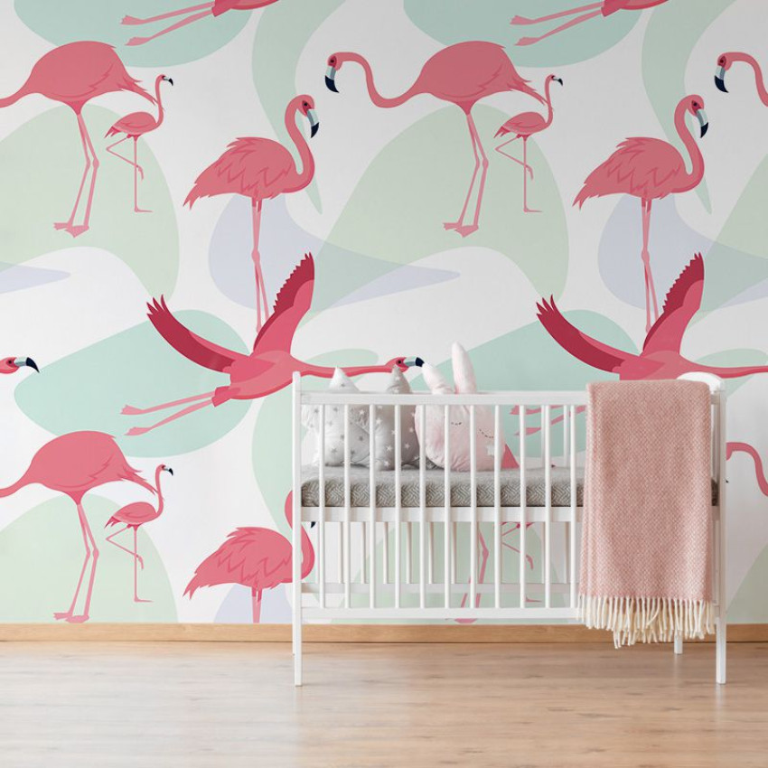 Tapet cu flamingo roz, design modern pentru dormitor