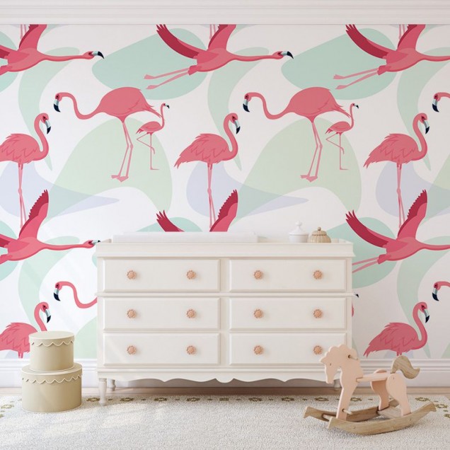 Tapet cu flamingo roz, design modern pentru dormitor