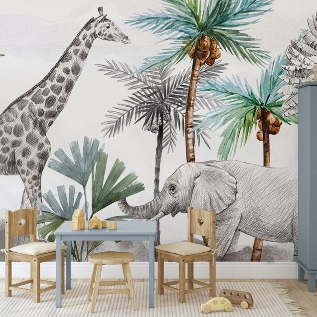 Tapet cu girafa, elefant și palmieri tropicali