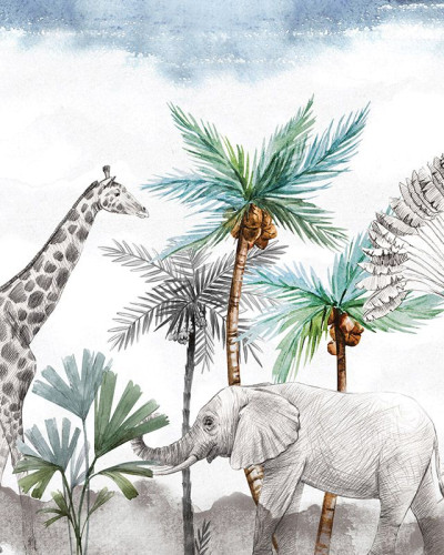 Tapet cu girafa, elefant și palmieri tropicali