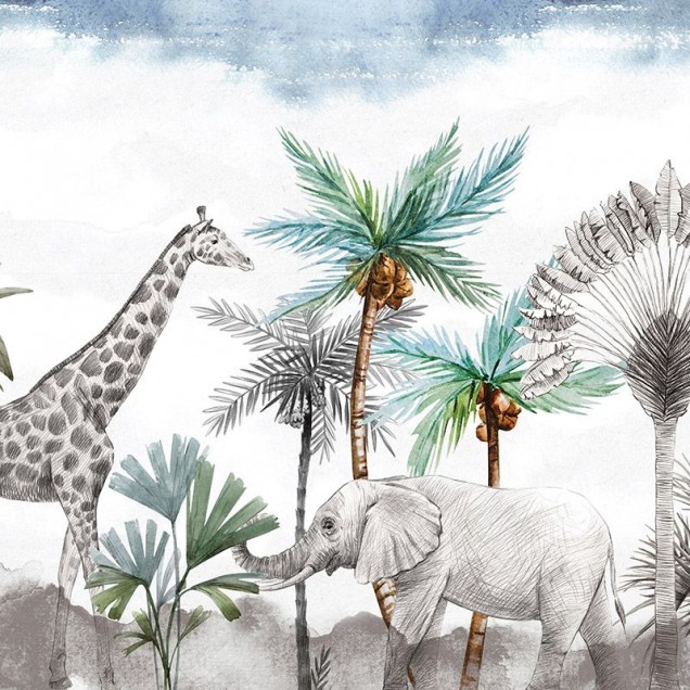 Tapet cu girafa, elefant și palmieri tropicali