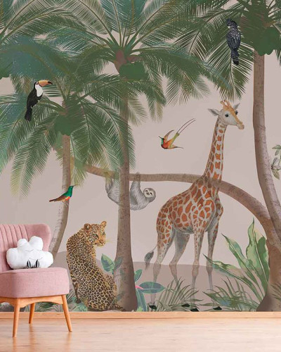 Fototapet cu animale in jungla, ideal pentru un decor exotic si relaxant