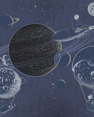 Tapet cu design spațial albastru cu planete și astronauți