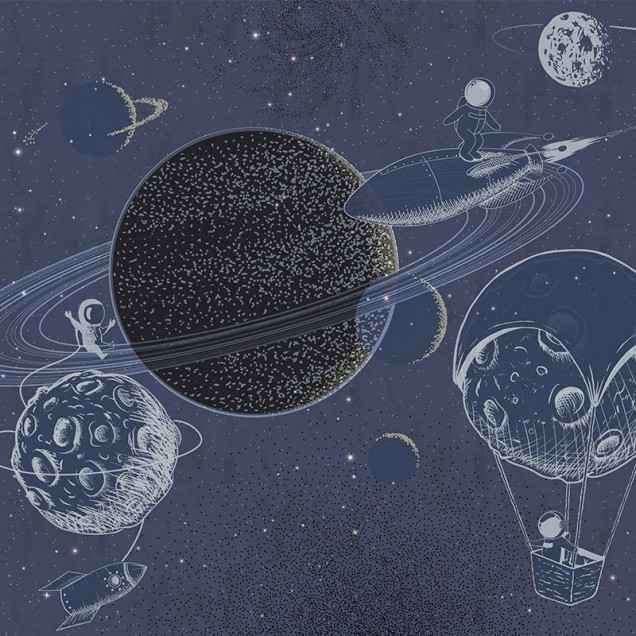 Tapet cu design spațial albastru cu planete și astronauți
