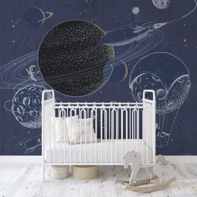 Tapet cu design spațial albastru cu planete și astronauți