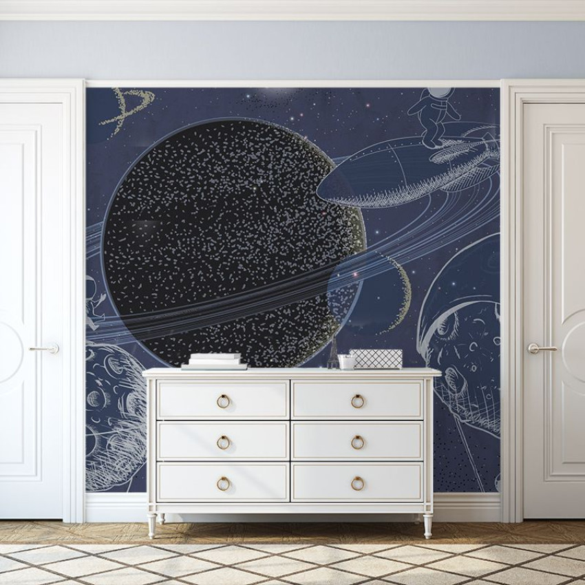 Tapet cu design spațial albastru cu planete și astronauți