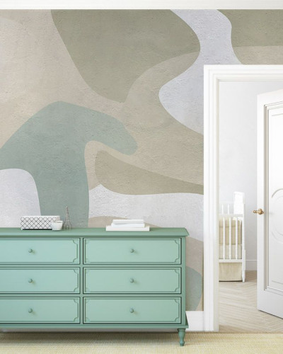 Tapet cu design abstract în nuanțe de verde și bej. Green Waves - Tapet modern pentru o atmosferă relaxantă.