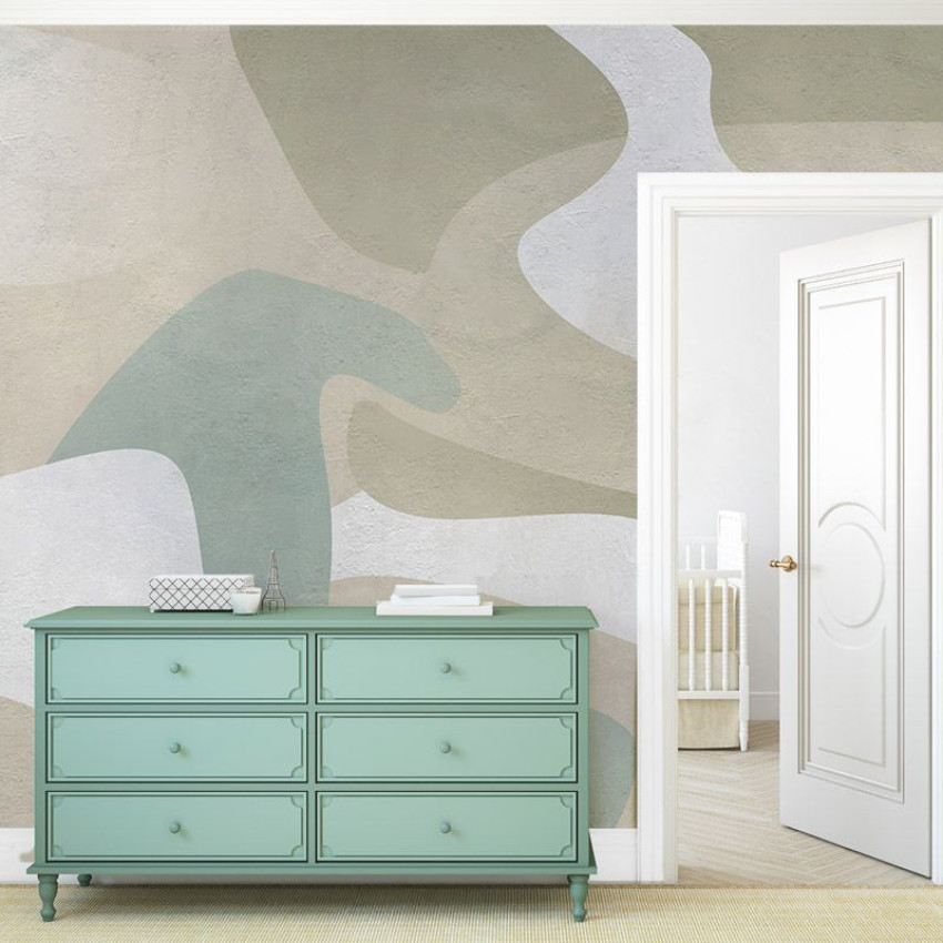Tapet cu design abstract în nuanțe de verde și bej. Green Waves - Tapet modern pentru o atmosferă relaxantă.
