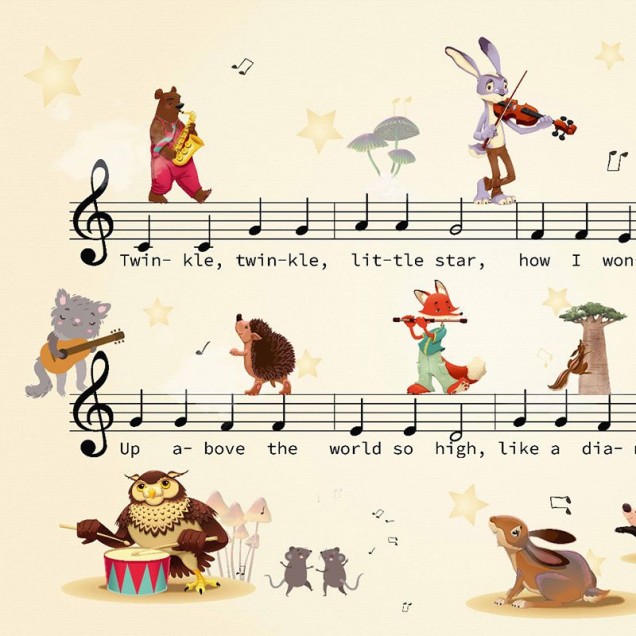 Tapet muzical cu animale pentru camera copiilor