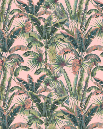 Tapet cu design tropical vibrant, cu frunze luxuriante de palmier pe un fond coral.