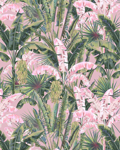 Tapet cu frunze de palmier roz, cu un model tropical luxuriant.
