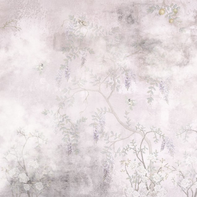 Tapet Lemon Primrose Lullaby cu design floral minimalist, featuring ramuri de lămâi delicate și păsări mici pe un fundal liliac.
