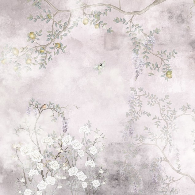 Tapet Lemon Primrose Lullaby cu design floral minimalist, featuring ramuri de lămâi delicate și păsări mici pe un fundal liliac.