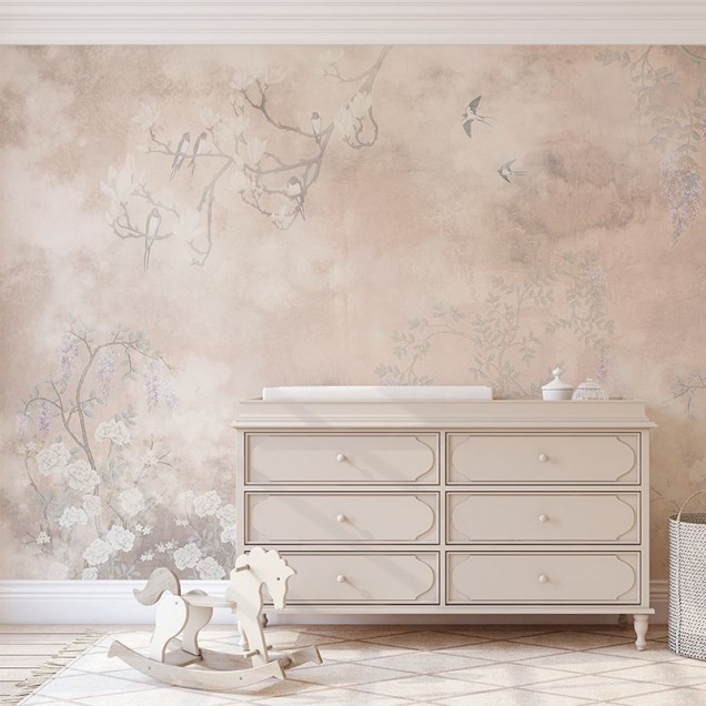 Tapet floral cu magnolie, ramuri delicate si pasari.