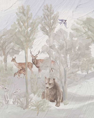 Foggy forest faun - Tapet cu pădure, cerbi și urs