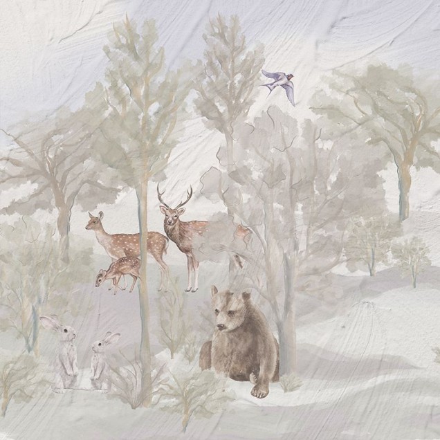 Foggy forest faun - Tapet cu pădure, cerbi și urs