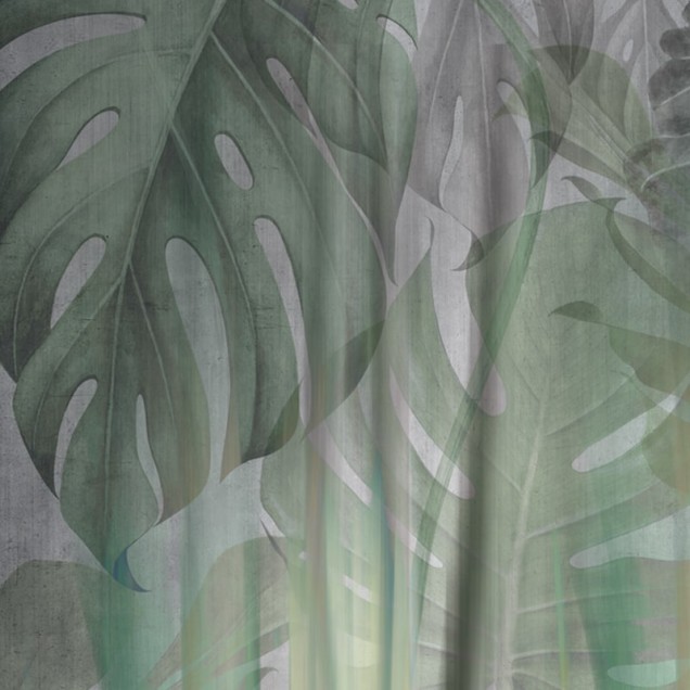 Wallpaper cu frunze de Monstera în nuanțe de verde și gri, perfect pentru a crea un accent tropical modern în casa ta.