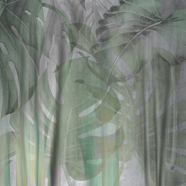 Wallpaper cu frunze de Monstera în nuanțe de verde și gri, perfect pentru a crea un accent tropical modern în casa ta.
