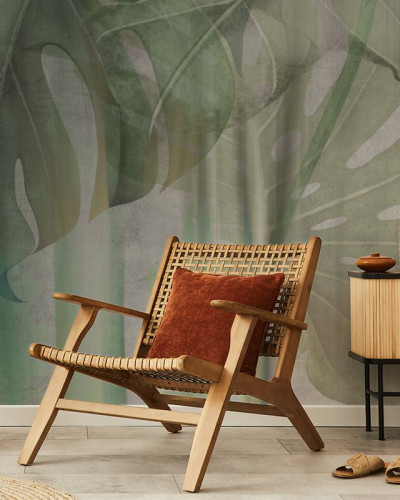 Wallpaper cu frunze de Monstera în nuanțe de verde și gri, perfect pentru a crea un accent tropical modern în casa ta.