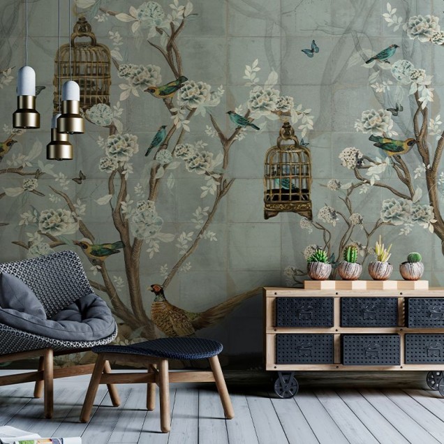 Tapet cu design modern, cu copaci înfloriți și păsări delicate