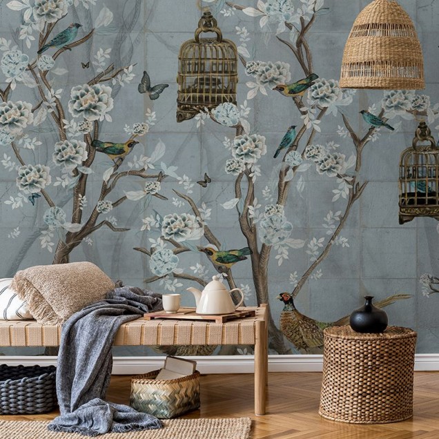 Tapet cu design modern, cu copaci înfloriți și păsări delicate
