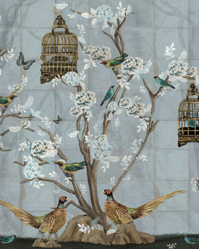 Tapet cu design modern, cu copaci înfloriți și păsări delicate