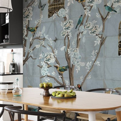 Tapet cu design modern, cu copaci înfloriți și păsări delicate