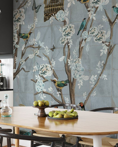 Tapet cu design modern, cu copaci înfloriți și păsări delicate
