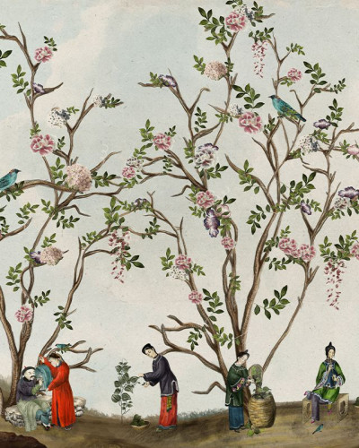 Tapet cu design floral inspirat din arta tradițională chinezească, cu copaci înfloriți, păsări delicate și personaje elegante