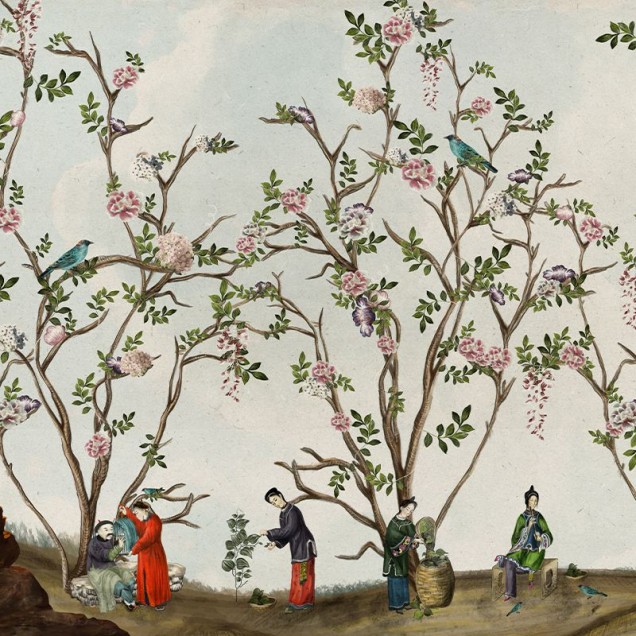 Tapet cu design floral inspirat din arta tradițională chinezească, cu copaci înfloriți, păsări delicate și personaje elegante