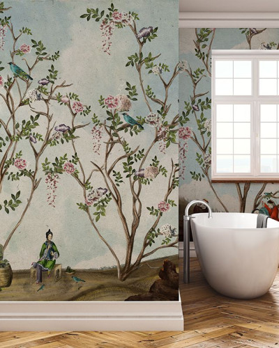 Tapet cu design floral inspirat din arta tradițională chinezească, cu copaci înfloriți, păsări delicate și personaje elegante