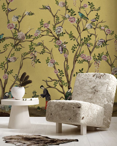 Tapet cu design exotic, Scenes from life yellow, cu flori roz și albastre, păsări și personaje din lumea Orientului