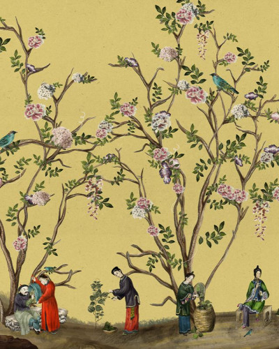 Tapet cu design exotic, Scenes from life yellow, cu flori roz și albastre, păsări și personaje din lumea Orientului