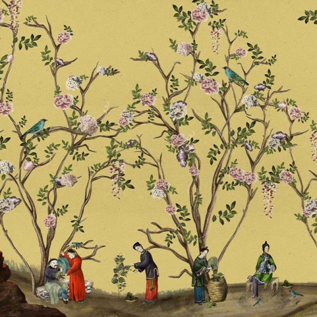 Tapet cu design exotic, Scenes from life yellow, cu flori roz și albastre, păsări și personaje din lumea Orientului