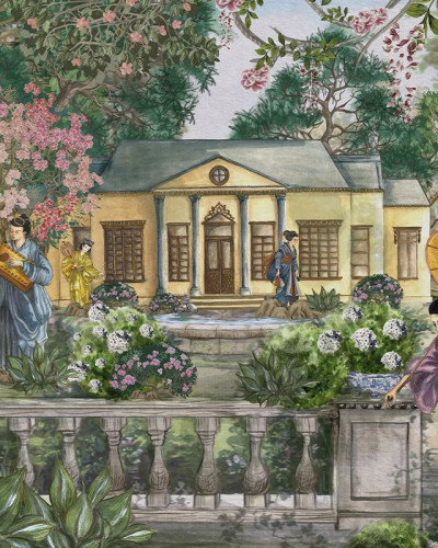 Tapet cu o grădină luxuriantă, flori delicate, personaje în costume tradiționale și un palat elegant.