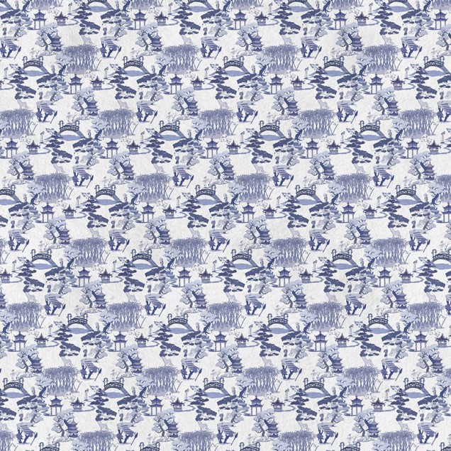 Tapet cu design tradițional chinez, cu temple și poduri în nuanțe de albastru pe un fundal bej deschis.