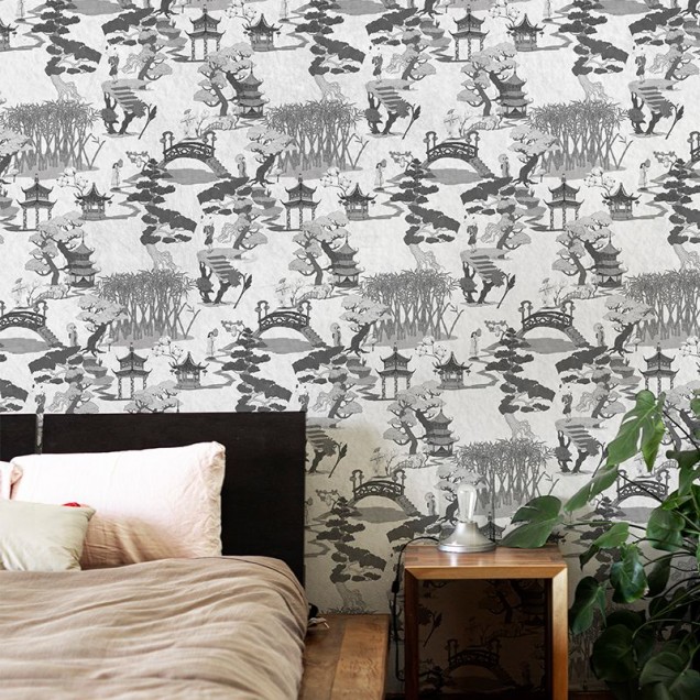 Tapet cu design oriental in gri, cu elemente de decor chinezesc,  ideale pentru un decor elegant si minimalist.