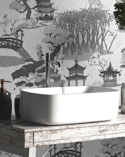 Tapet cu design oriental in gri, cu elemente de decor chinezesc,  ideale pentru un decor elegant si minimalist.
