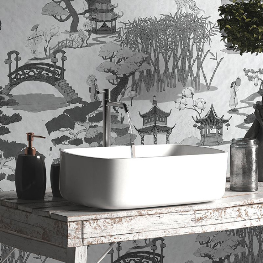 Tapet cu design oriental in gri, cu elemente de decor chinezesc,  ideale pentru un decor elegant si minimalist.