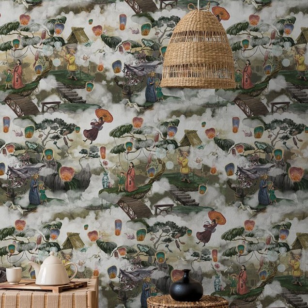 Tapet cu design oriental, cu personaje, lanterne si nori