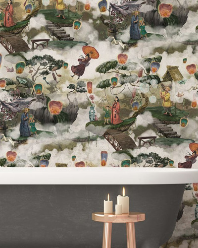 Tapet cu design oriental, cu personaje, lanterne si nori