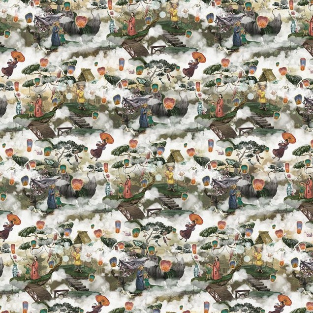 Tapet cu design oriental, cu personaje, lanterne si nori