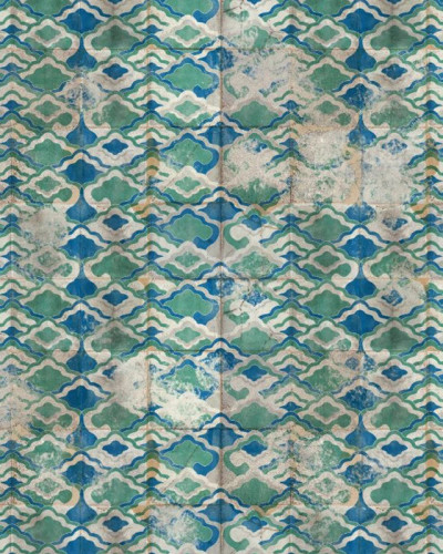 Tapet cu design retro și aspect vintage, cu nuanțe de albastru și verde, ideal pentru living, dormitor sau hol.