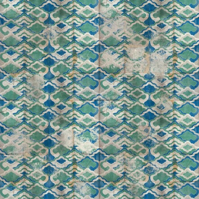 Tapet cu design retro și aspect vintage, cu nuanțe de albastru și verde, ideal pentru living, dormitor sau hol.