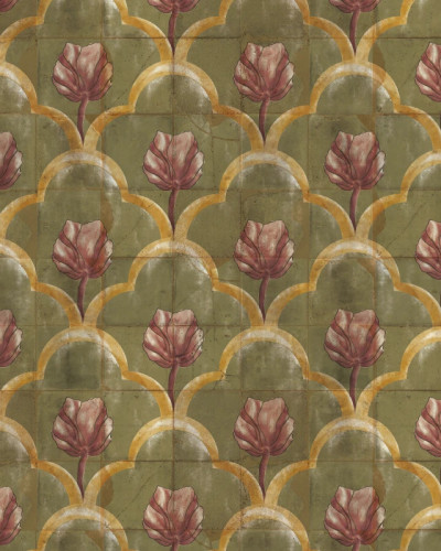 Tapet floral cu design Paisley in nuante de verde si rosu