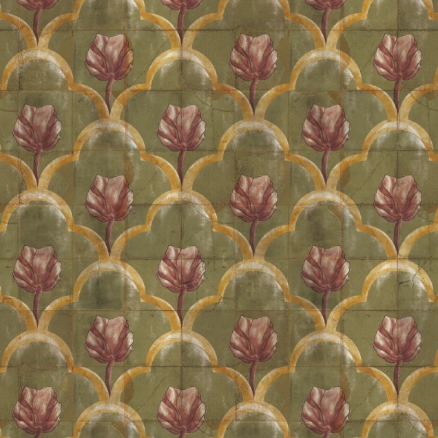 Tapet floral cu design Paisley in nuante de verde si rosu