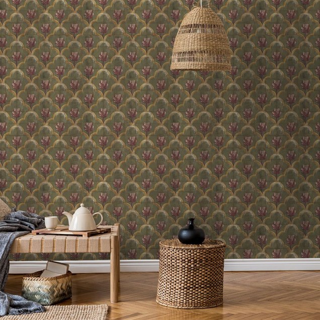 Tapet floral cu design Paisley in nuante de verde si rosu