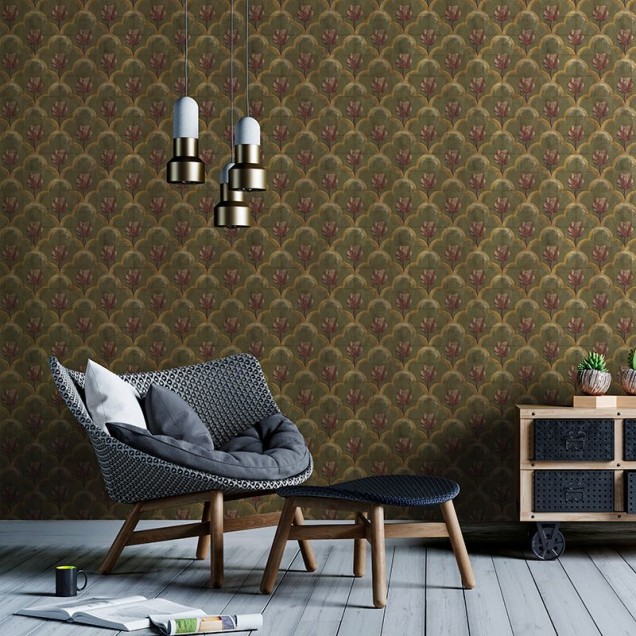 Tapet floral cu design Paisley in nuante de verde si rosu